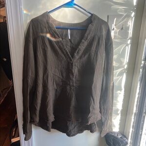 Free People Olive V-Neck Blouse